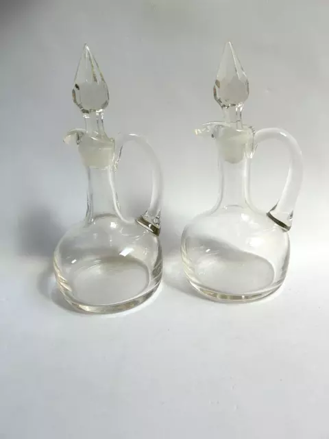 Pair Of Oil Vinegar Cruet Table Set Glass Bottles Lids Handles