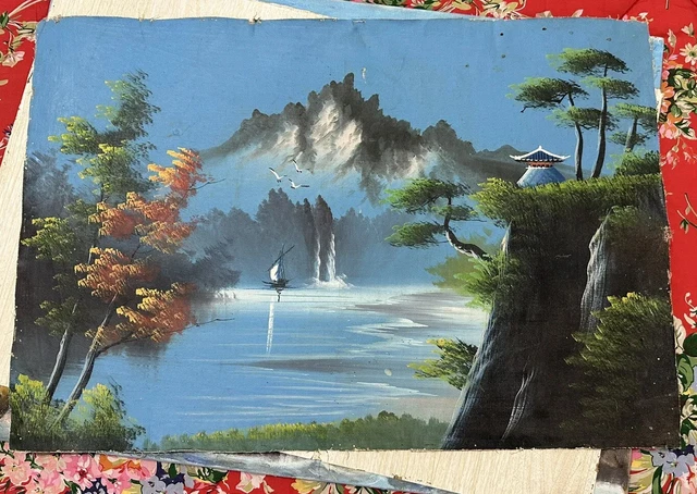 Antique Asian Water Pagoda Mountain Boat Fishing Trees Scene Canvas Painting