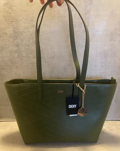 DKNY Bryant Park Womens Leather Tote Bag Sutton Stitched Green Medium NEW + TAGS