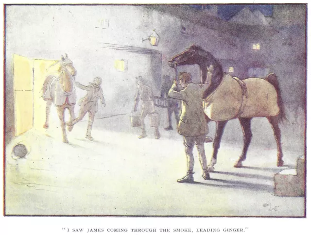 Horse print, Original Antique Book print: Fire scene, C 1900 By Cecil Aldin.