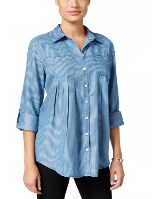 Style & Co. Womens Blue Forever Stripe Pleated Button Front Blouse Size S EUC