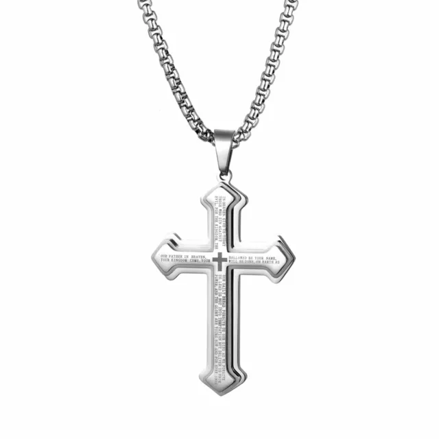 Mens Stainless Steel English Bible Cross Pendant Chain Prayer Necklace Religious