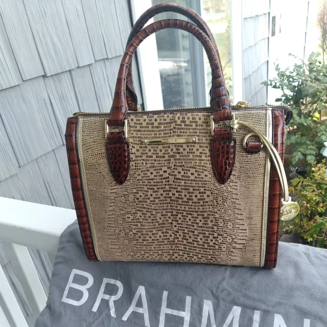 New Brahmin anywhere convertable brown/beige Laelia  Embossed Leather Satchel
