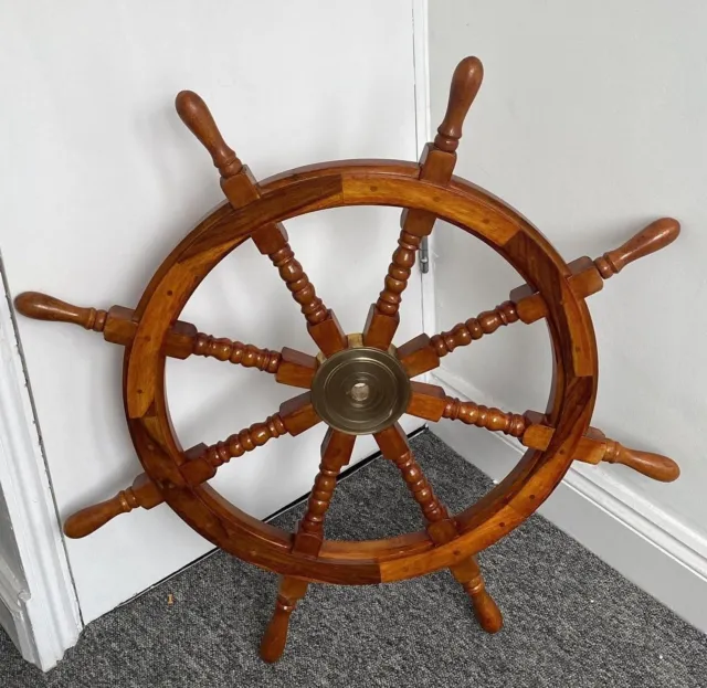 42" Nautical Boat Ship Brass Center Brown Wooden Steering Wheel Wall Décor SW2