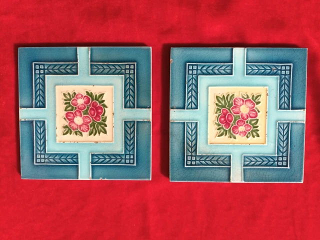 2 Piece Art Deco Flower Design Embossed Majolica Used Ceramic Tiles Japan 0309 3