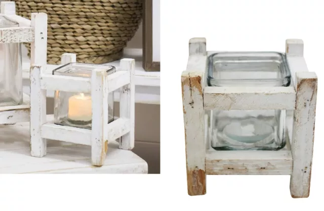 Rustic Shabby Chic Candle Holder Glass & Distressed Wood Stand Tealight Decor