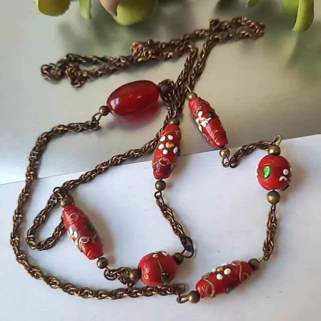 Antique Murano Glass Wedding Cake Beads Chain Necklace 34"L