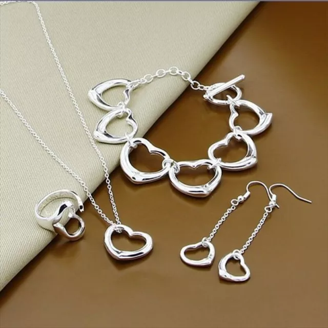 925 Sterling Silver Filled Heart Pendant Necklace Bracelet Earrings Ring Set