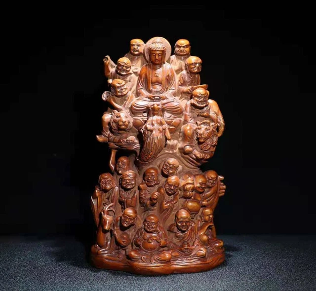 Chinese Natural Boxwood Handmade Exquisite Eighteen Arhats Statue 20625