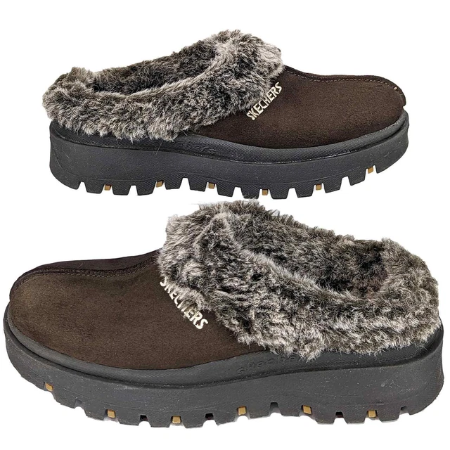 VTG Skechers Y2K Jammers Suede Fur Platform Chunky Clogs Mule Slipper Womens 8.5