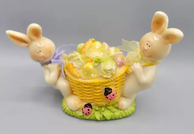 Vintage Resin White Rabbit Easter Bunny with Basket of Eggs & Flowers Figurine