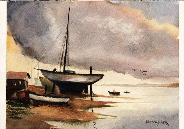 ACUARELA ORIGINAL DE BERRUGUETE, ASTILLEROS DE FOZ II, Watercolour Aquarelle ART