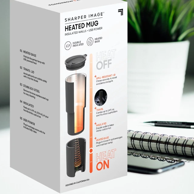 New In Box Sharper Image USB Powered Heated Mug, Double Insulated, Heated Base