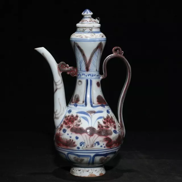10.2" china old antique yuan dynasty porcelain mandarin duck play water teapot