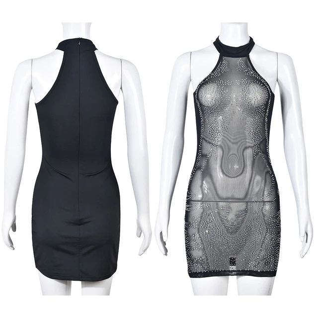 Women's Halter Sleeveless Dress Sheer Rhinestone Nightclub Party Mini Dress
