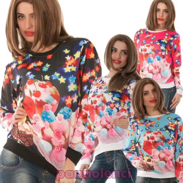 Felpa donna maglia stampa stelle dolci multicolor nuovo T42539