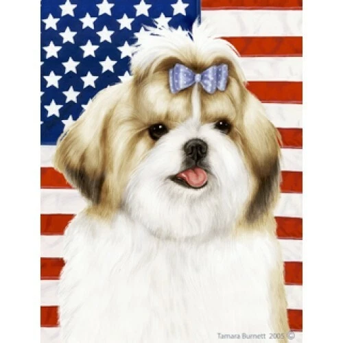 Patriotic (D2) Garden Flag - Tan and White Shih Tzu 322291