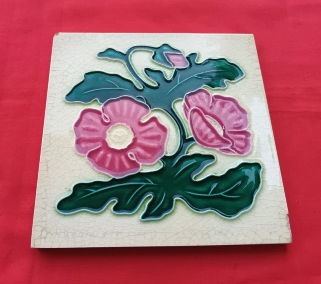 1 Piece Old Art Flower Design Embossed Majolica Ceramic Tiles Japan 0254 2