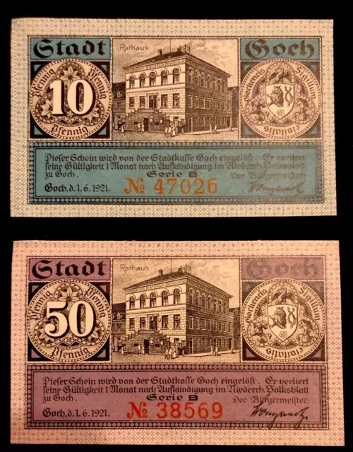 Notgeld Goch Rheinland 1921 Serie B - 10 und 50 Pfennig Geldschein Deutschland