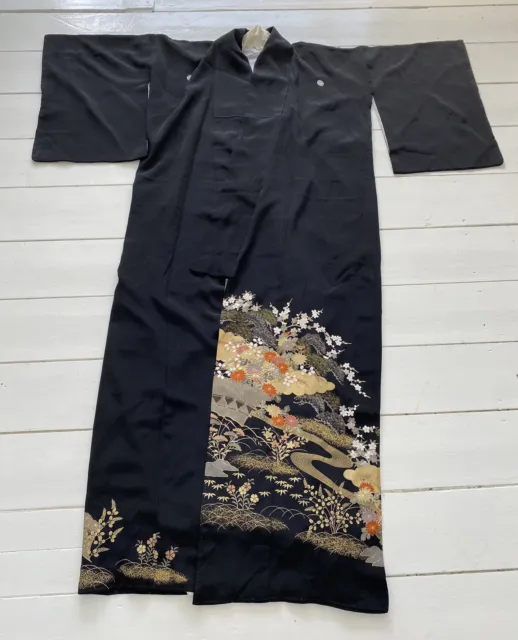 Bellissimo Abito Originale Vintage Giapponese Kimono Abito Nero Seta Con Oro