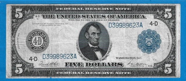 1914 $5 FRN 4-D Cleveland,FR 859a,Large Blue Seal, Circ VF,Nice!