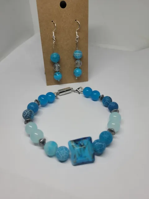 Dragons vain and glass beads blue 925  silver hook bangel bracelet and earrings
