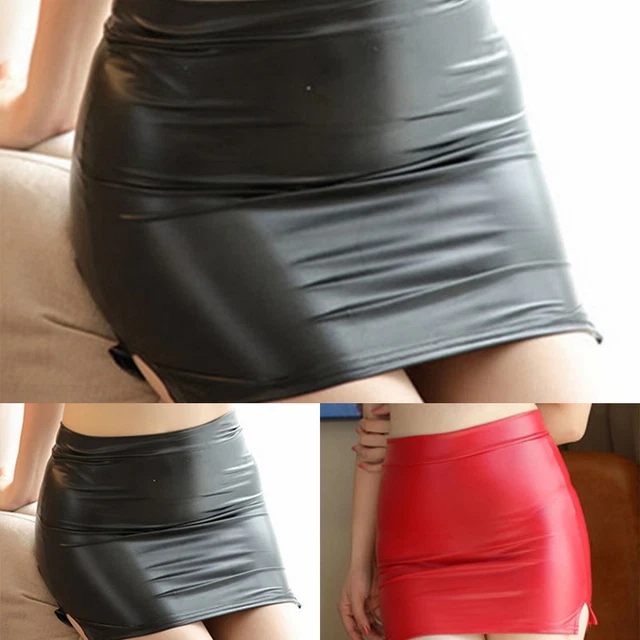 Mini Jupe Simili Cuir Extensible Avec Fente - Femme - 23 Cm - Look Bodycon Soirée - Neuf Avec Étiquettes