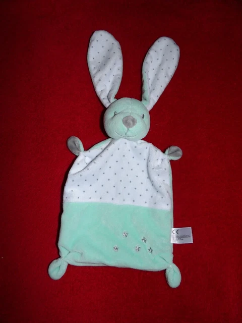 Doudou Plat Nicotoy Lapin Vert Blanc Pois et Etoiles Gris NEUF