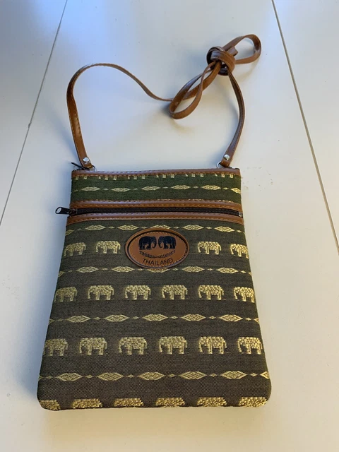 Elephant Crossbody Thailand Bag Long Shoulder Strap Green & Gold
