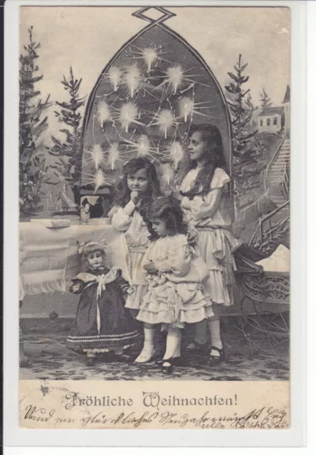 AK Weihnachten, Kinder mit Puppe beim Weihnachtsbaum, 1908