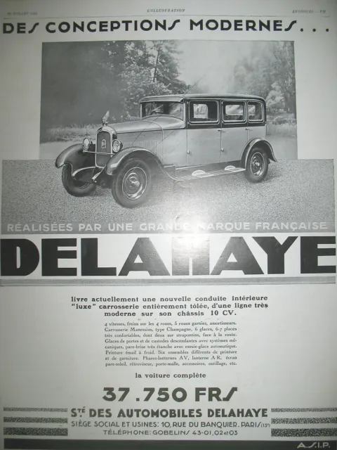 Publicite De Presse Delahaye Automobile Conception Moderne French Ad 1929