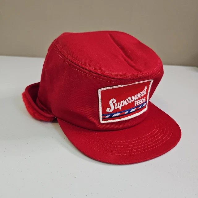 NOS Vintage Supersweet Feeds Patch Hat Fold Down fleece Farm K-Brand Size S/M