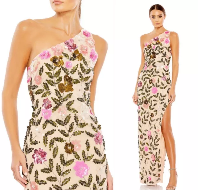 Mac Duggal Floral Sequin One Shoulder Side Slit Gown Multicolor Size 14 NWT