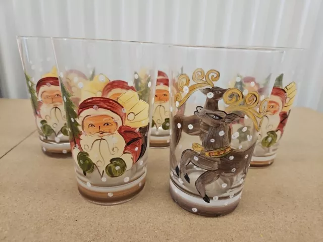 TABLETOPS UNLIMITED Hand Painted Santa Reindeer Glasses Set Of 5 Pre-owned