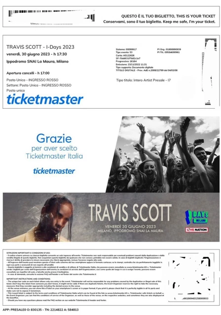 2 Biglietti per il concerto di Travis Scott 30/06/2023 Milano