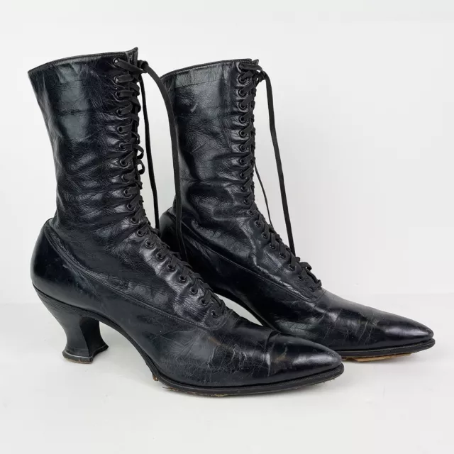 ANTIQUE VICTORIAN EDWARDIAN Boots Womens Black Soft Leather High Lace ...