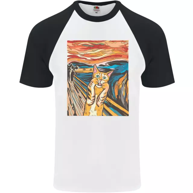 Cat Scream Painting Parody Mens S/S Baseball T-Shirt