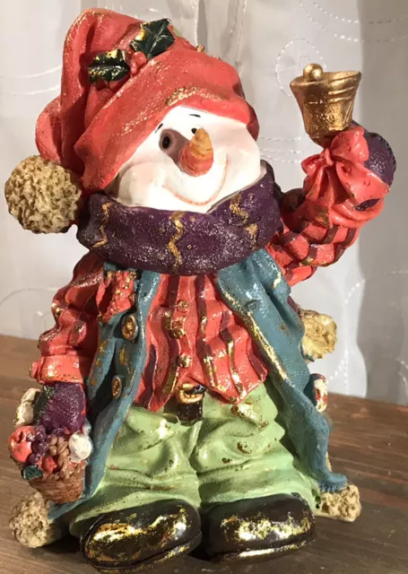 Bell Ringing Resin Snowman Figurine with Basket of Fruit 7-1/2”