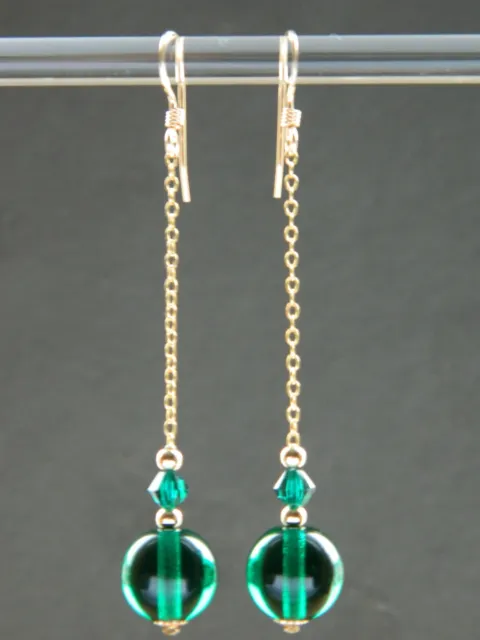 Vintage Bottle Green Glass, Swarovski Emerald Crystal, 14ct Rolled Gold Earrings
