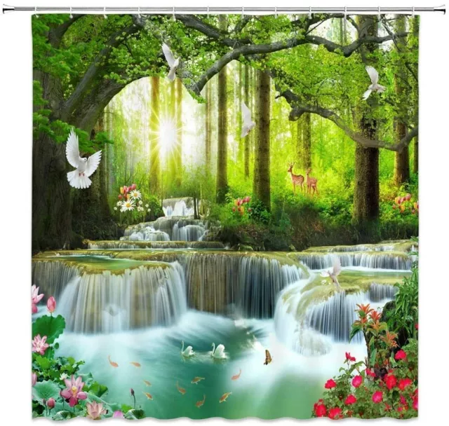 Fabric Shower Curtain Nature Waterfall Print Bathroom Decor with 12 Hooks 72 In