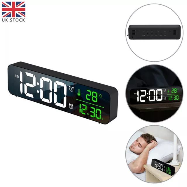 Digital Alarm Clock Large LED Mirror Display Temperature Date Bedside Wall Clock