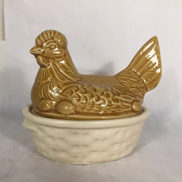 Vtg Hand Painted Brown Ceramic Chicken Hen on Nest w Lid Covered Dish