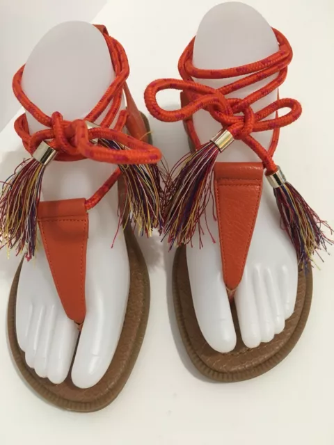 NINE WEST Sandal Shoe Size 4 1/2 Gannon Orange Ankle Tie Strappy Thong Gladiator 3