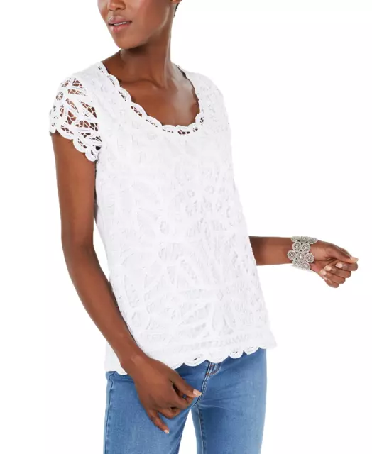INC International Concepts Women's Petite Cotton Lace Top (PM, Bright White)
