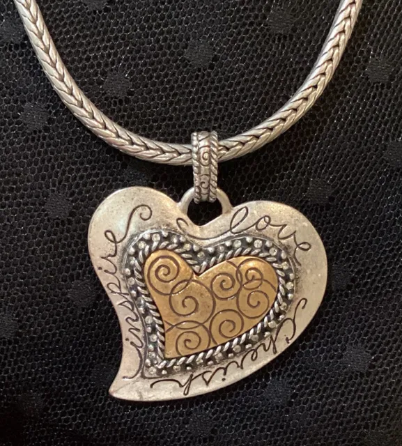 Engraved Silver & Gold Tone CHICO'S Heart Necklace Inspire Love Cherish Hope