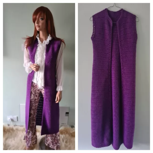 Vintage hand knitted S purple long crochet maxi waistcoat sleeveless kimono