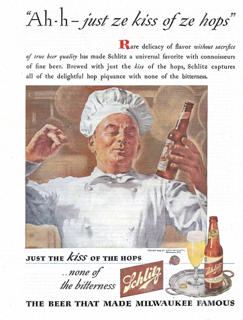 1944 Wartime Schlitz Beer Milwaukee "The Kiss of the Hops" Print Advertisement
