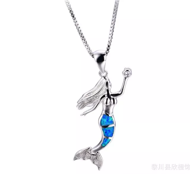 Rw E12 Mermaid Blue Fire Opal Fairytale Silver 925 Pendant with Necklace