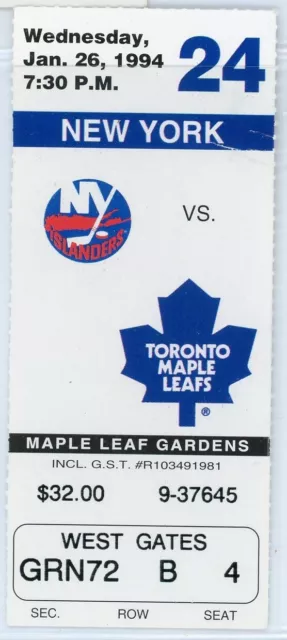 New York Islanders vs. Toronto Maple Leafs Vintage Ticket Maple Leaf Gardens '94