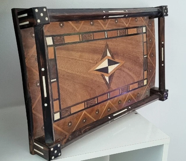 Vassoio IN Legno Intarsio Moyen-Orient. Piatto Orientalista Intagliato